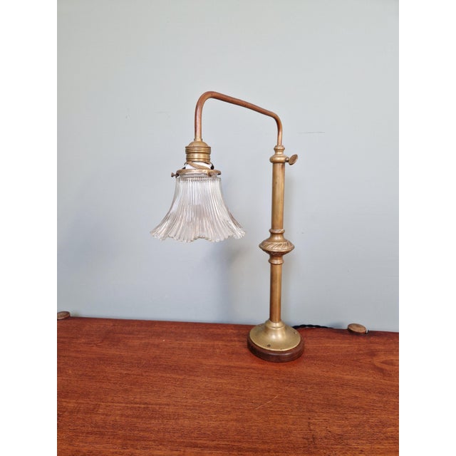 Large Brass, Wood, and Clear Fluted Glass Desk Lamp, 1930s For Sale - Image 16 of 16