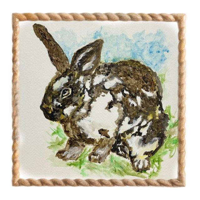 Traditional Elizabeth Berry Watercolor Painting of a Brown/White Rabbit For Sale - Image 3 of 8