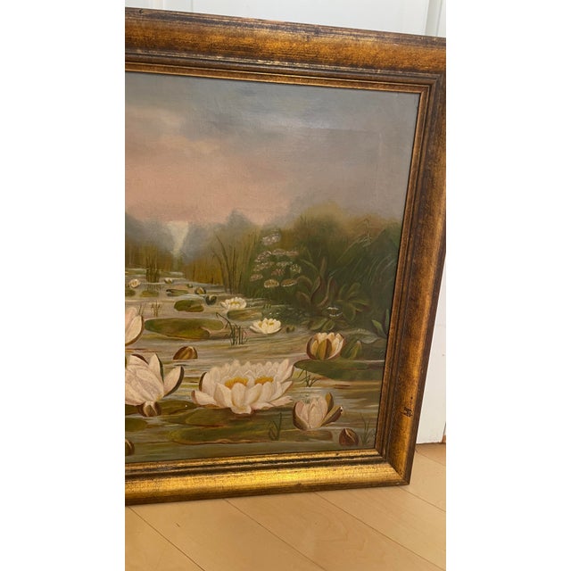 1980s Vintage Framed Impressionist Water Lilies Oil Painting For Sale - Image 10 of 12