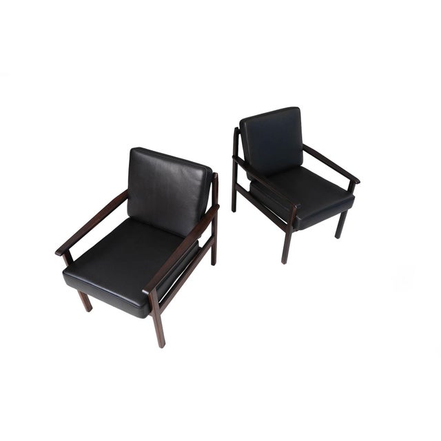Mid-Century Modern Mid-Century Brazil Modern Lounge Chairs in Black Leather- a Pair For Sale - Image 3 of 12