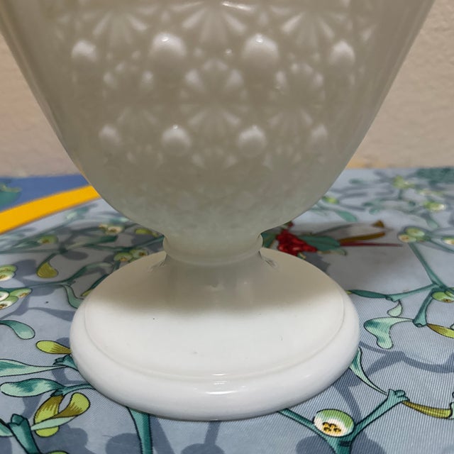 Mid-Century Modern Vintage Fenton Style Milk Glass Fan Vase Daisy and Button White Pedestal Scalloped MCM For Sale - Image 3 of 8