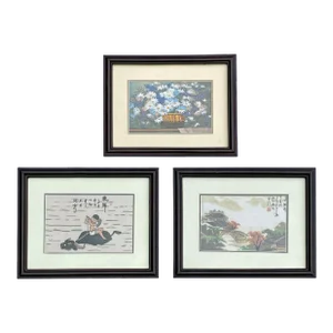 Set of 3 Oriental Chinese Embroidery Flower People Scenery Framed Art Decor