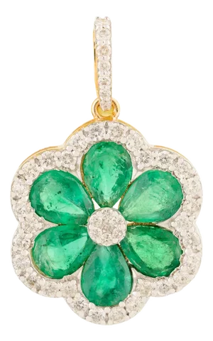 Vintage Style Cluster Diamonds & Zambian Emerald Floral Pendant