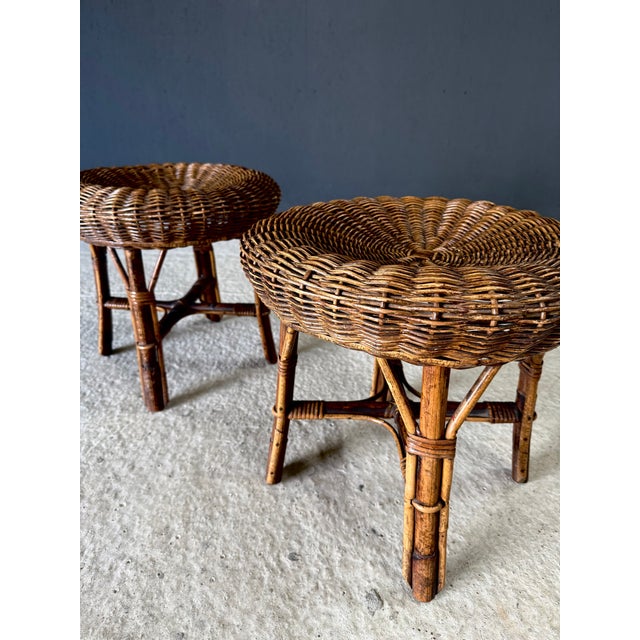 Low Bamboo and Rattan Ottomans, Italy, 1960s, Set of 2 For Sale - Image 12 of 18