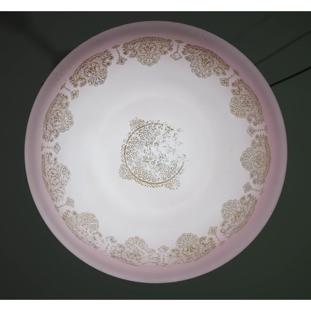 Antique Art Deco pink glass hanging chandelier with decorations. Gorgeous and large glass pendant chandelier circa 1950. A...