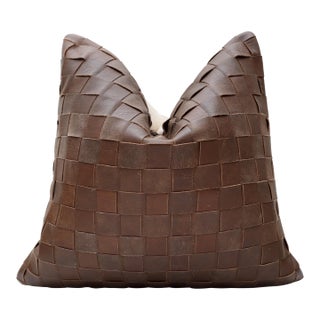 Luxury Handwoven Brown Genuine Leather Basket Weave Pillow 18x18 | Handmade Woven Leather Cushion For Sale