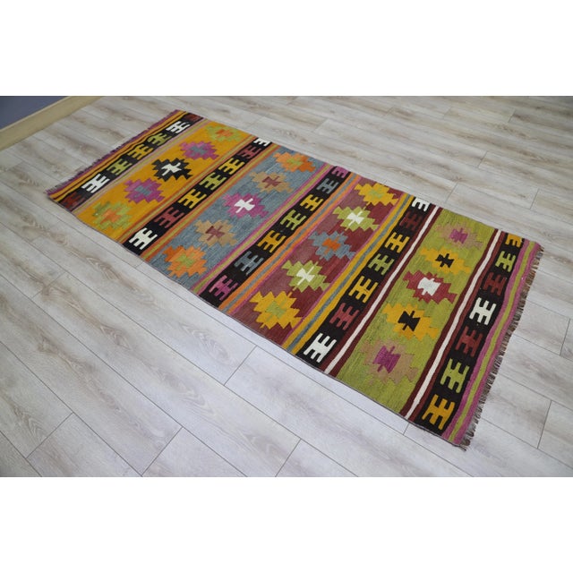 1970s Scandinavian Green Striped Kilim Rug For Sale - Image 11 of 13