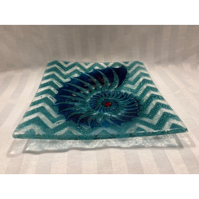 Veve Glass Late 20th Century Fused Art Glass Decorative Square Bowl With Nautilus Motif For Sale - Image 4 of 8