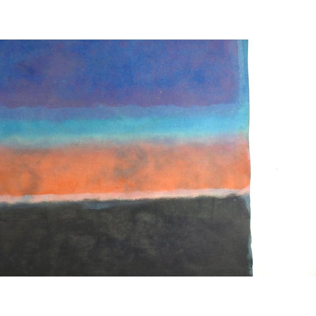 Purple, black, orange and blue color block abstract expressionist painting mixed media on heavy paper. Unsigned. Unframed.