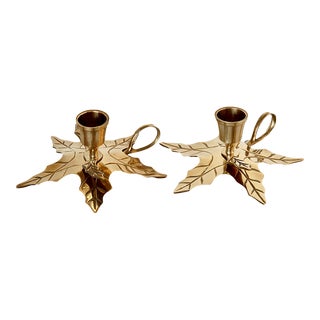 French Brass Fall Leaf Candlestick Holders, Pair For Sale