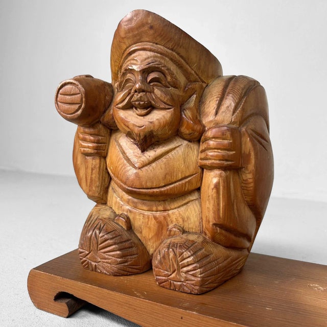 Wooden Ebisu and Daikoku Deity Statues on Base, Japan, 1950 For Sale - Image 9 of 12