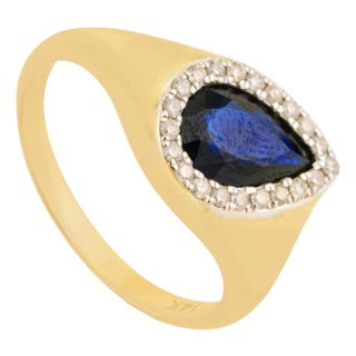 Vintage 1.5ct Pear Cut Blue Sapphire Diamond Ring 14k Yellow Gold Size 4 For Sale