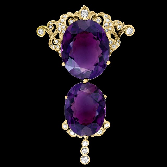 Huge Two Oval Shape Amethyst Pendant Necklace/ Pin & Diamonds 14 Kt Yellow Gold For Sale - Image 18 of 18