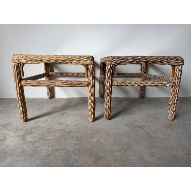 Brown 1970's Vintage Coastal Organic Whitewashed Rattan & Glass Top End Tables – A Pair For Sale - Image 8 of 15