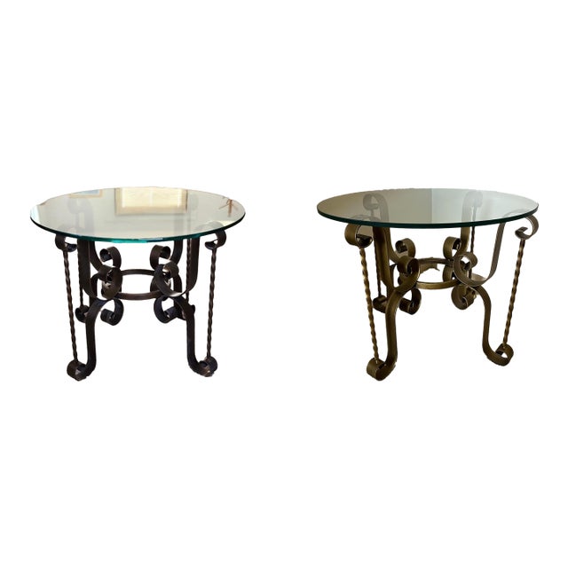 1970s Pair Mid Century Modern Glass and Iron Side Tables For Sale