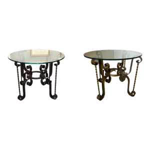 1970s Pair Mid Century Modern Glass and Iron Side Tables