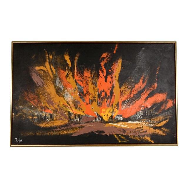 Rutten Mid-Century Modern Black Orange Yellow Abstract Expressionist Horizontal Painting For Sale