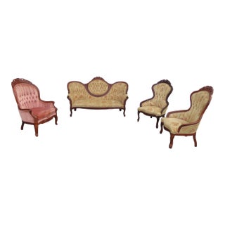 Victorian Kimball Carved Mahogany Sofa and 3 Chairs Set of Four 6220 For Sale