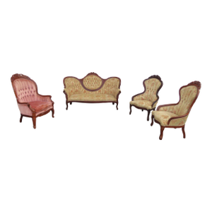 Victorian Kimball Carved Mahogany Sofa and 3 Chairs Set of Four 6220