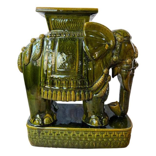 Mid 20th Century Green Glazed Ceramic Elephant Garden Stool / Plant Stand For Sale
