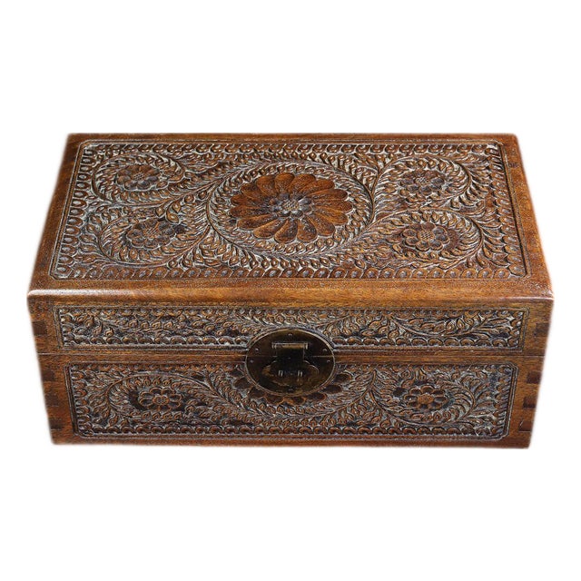 Vintage Chinese Huali Rosewood Box | Carved Floral Motif Storage Chest For Sale