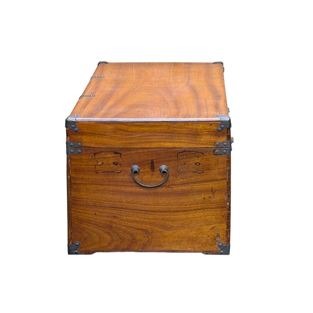 Vintage Oriental Wood Rectangular MoonFace Hardware Trunk Table For Sale - Image 4 of 15