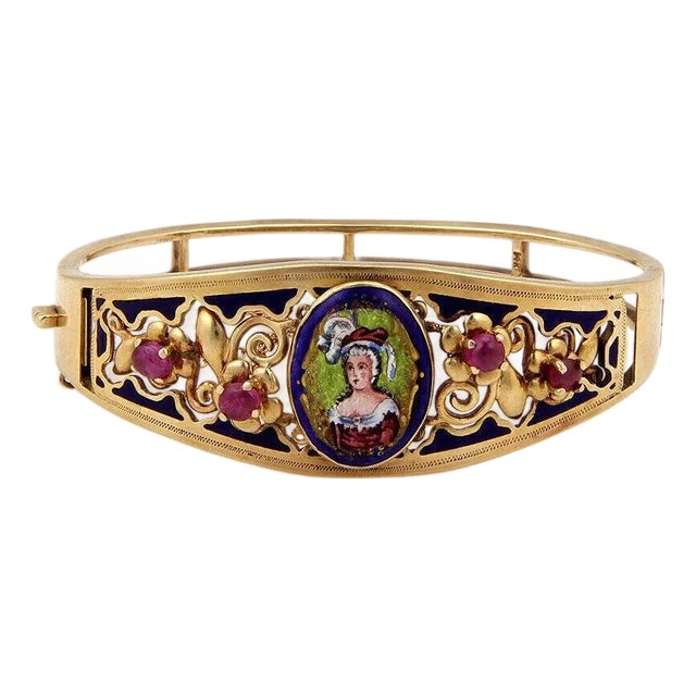 Woman Portrait 14k Gold Ruby Enamel Painted Porcelain Bangle Bracelet For Sale