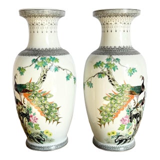 Vintage Chinese Hand Painted Porcelain Vases - A Pair For Sale