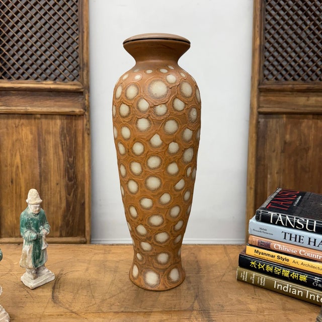 Sand Orange Textured Ceramic Lamp Base with White Polka Dots For Sale - Image 4 of 9