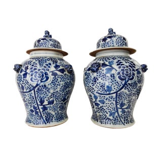 Porcelain Blue & White Floral Ginger Jars- A Pair For Sale