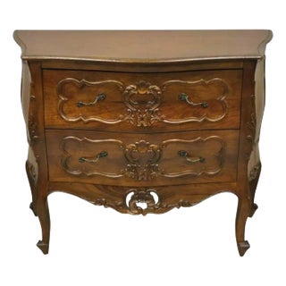 Vintage Louis XV Style Carved Walnut 2 Drawer Chest Italian Small Bombe Commode For Sale