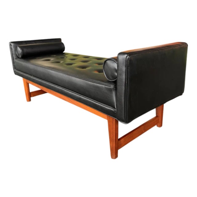 1960s Mid Century Selig Attributed Walnut and Faux Leather Tufted Bench For Sale