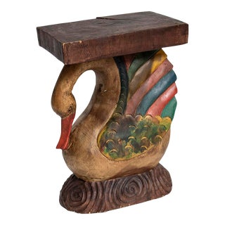 Folk Art Carved Wood Swan Table Base Stool Accent Piece For Sale