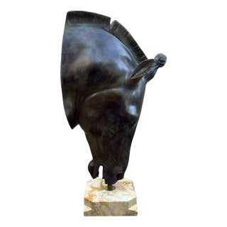Large Italian Bronze Greek Horse Head Sculpture on Marble Base, 1980s For Sale