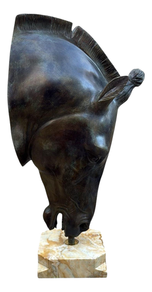 Large Italian Bronze Greek Horse Head Sculpture on Marble Base, 1980s