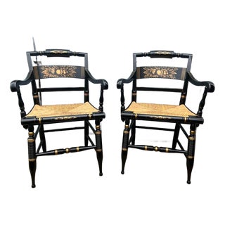 Pair of Vintage L. Hitchcock Late Federal Style Grain-Painted & Gilt-Stenciled "Fancy" Rush Seat Armchairs For Sale