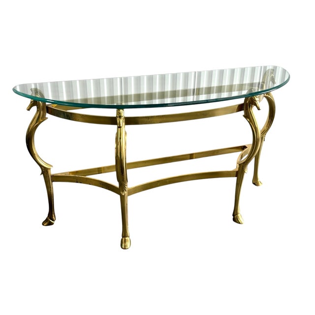 Hollywood Regency Vintage Brass Sea Horse and Glass Demi Lune Console Table For Sale - Image 3 of 11