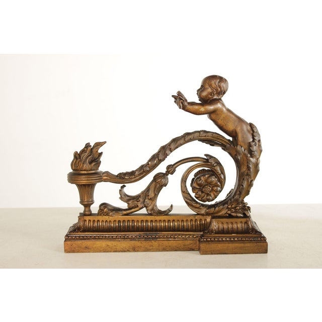 French Louis XV Style Antique Bronze Pair of Cherub Andirons For Sale - Image 14 of 18