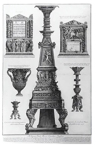 Vari Candelabri, un Vaso e Due Urne Cinerarie - Etching - 1778 1778