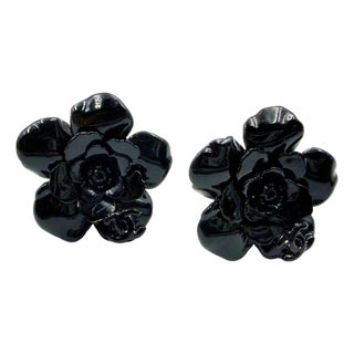 Chanel Vintage Black Camellia Flower Clip on Earrings, A Pair For Sale