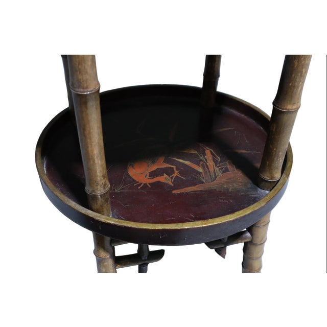 Three Tiered Tall Asian Side Table With Bamboo and Hand Painted Tray Surfaces For Sale - Image 4 of 6