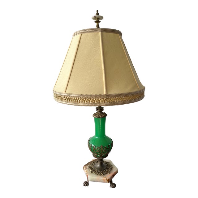 Vintage Green Glass Table Lamp With Ornate Bronze Base & Marble Footed Stand For Sale