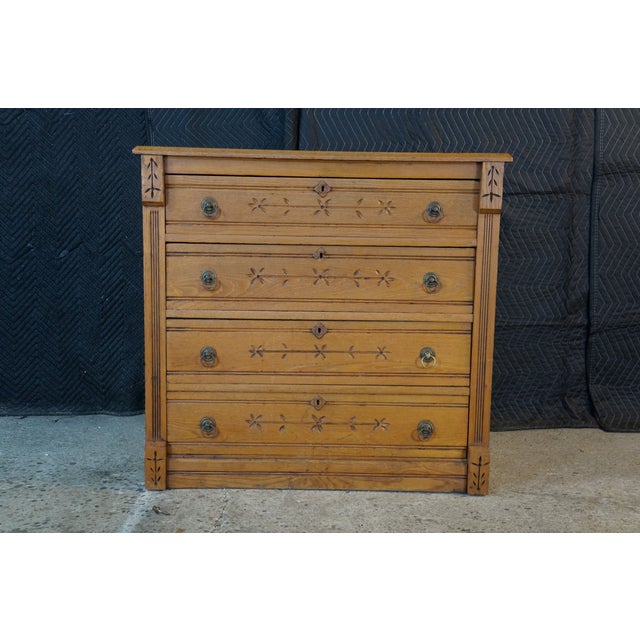 Antique Victorian Eastlake Oak & Ash Four Drawer Spoon Carved Dresser Chest 38" For Sale - Image 6 of 18