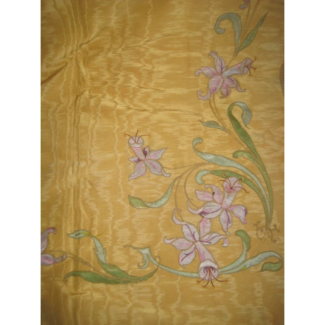 French Art Nouveau Yellow Moire Silk and Flowers Castle Curtains Drapes - A Pair For Sale - Image 9 of 12