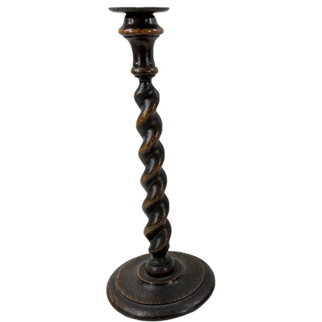 12.5” Antique English Oak Barley Twist Candlesticks With Brass Inserts - Pair For Sale In Portland, OR - Image 6 of 14