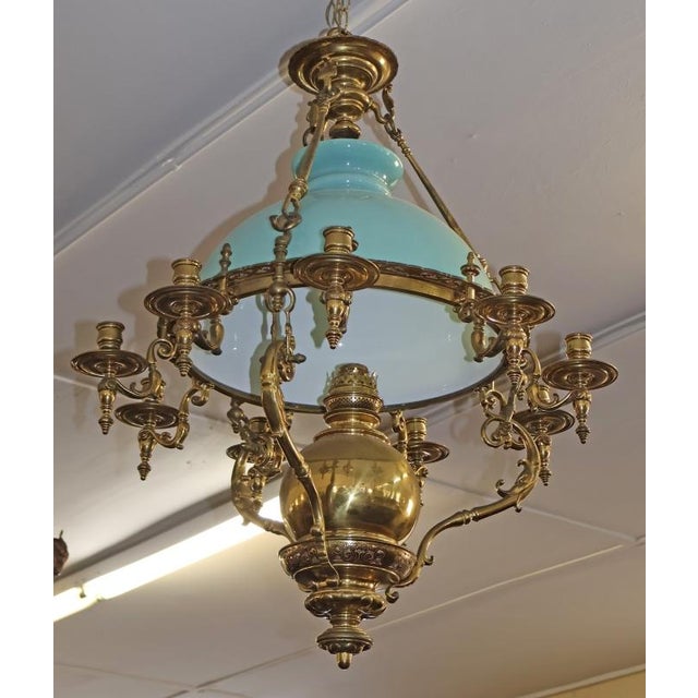 Metal Late 19th Century Brass Kerosene Oil Chandelier With Blue Shade For Sale - Image 7 of 12