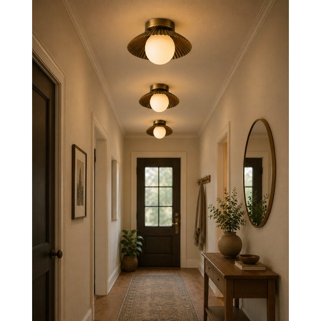 Solid Brass Fluted Flush Mount Ceiling Light With Opal Glass Globe For Sale - Image 4 of 8