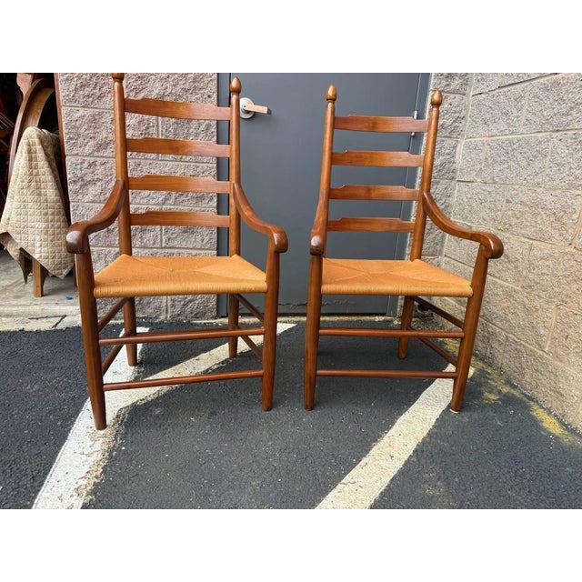 Wood 20th Century Clore Furniture Set of 10 Shaker Style Walnut Rush Seat Ladder Back Dining Chairs For Sale - Image 7 of 18