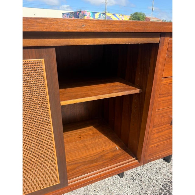 Mid Century Walnut & Cane Front Credenza W Refinished Top For Sale - Image 4 of 16