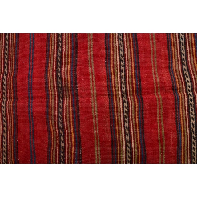 Textile Vintage Crimson Red Turkish Striped Kilim Rug With Geometric Border Details For Sale - Image 7 of 10